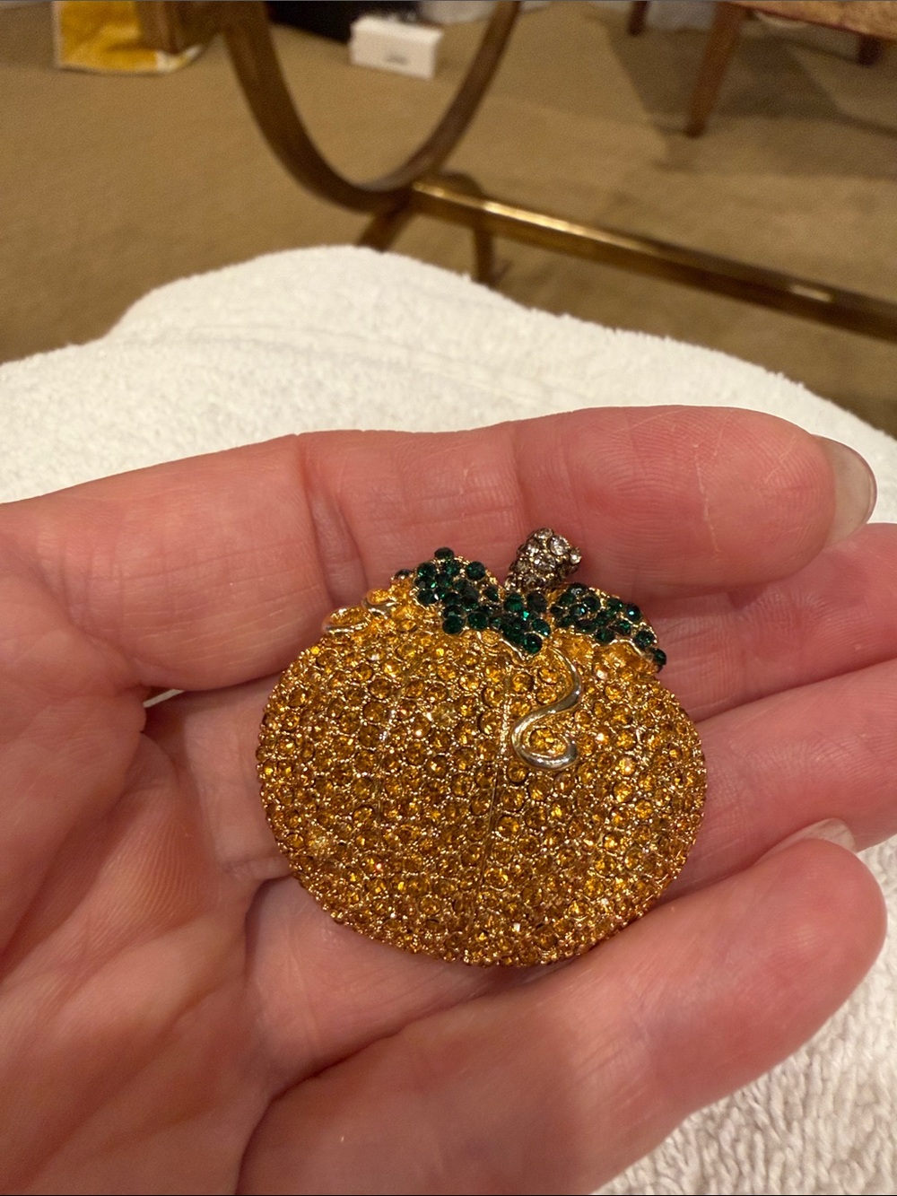 Talbots Gold and Green Crystal Pumpkin Brooch
